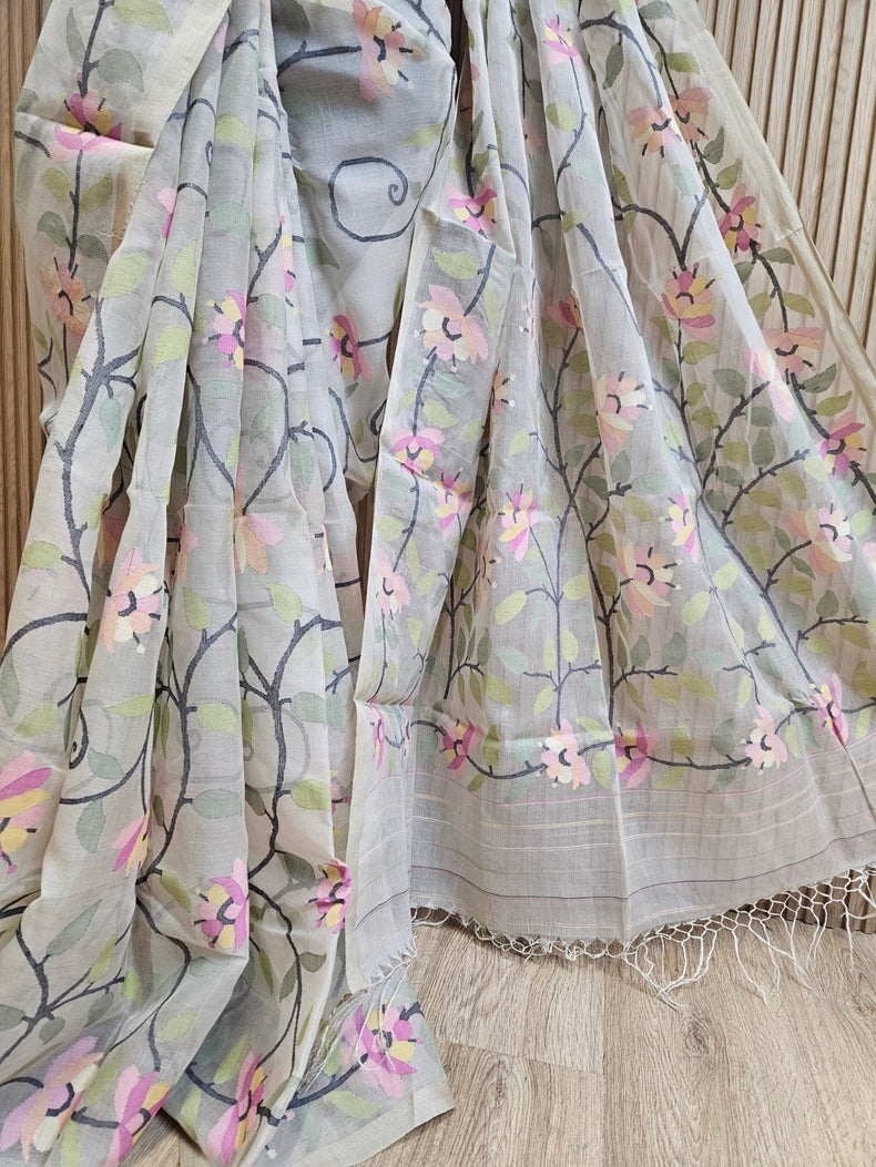 Off-White Floral Handwoven Muslin Silk Jamdani Saree Balaram Saha