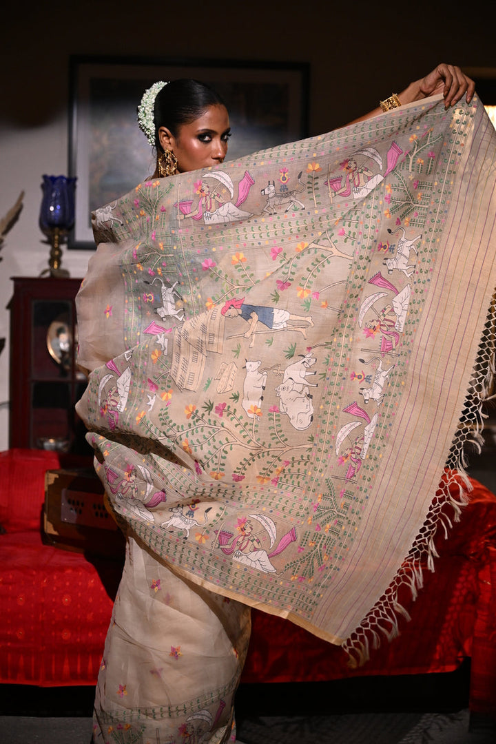 Off-White  Masterwoven Muslin Silk Saree with Bengal Village Storytelling Aanchal Balaram Saha