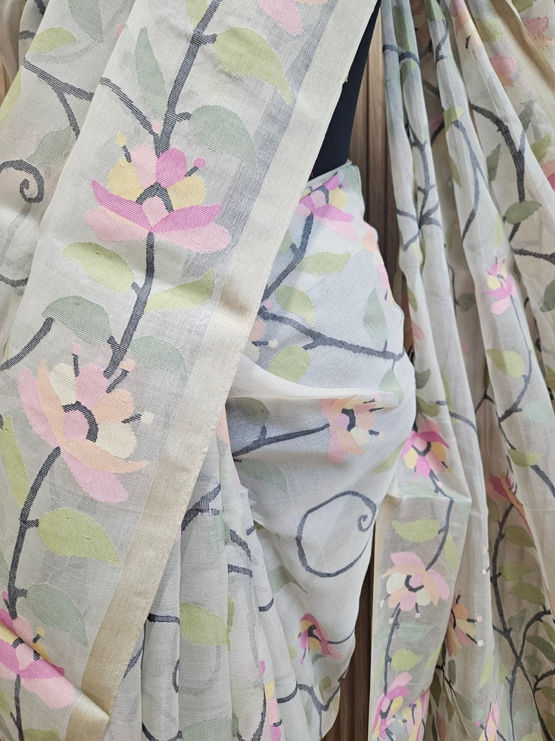 Off-White Floral Handwoven Muslin Silk Jamdani Saree Balaram Saha