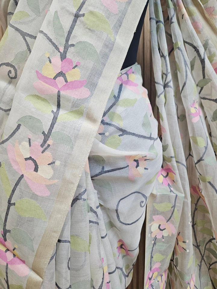 Off-White Floral Handwoven Muslin Silk Jamdani Saree Balaram Saha
