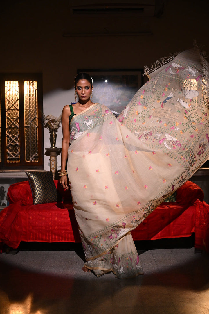 Off-White  Masterwoven Muslin Silk Saree with Bengal Village Storytelling Aanchal Balaram Saha