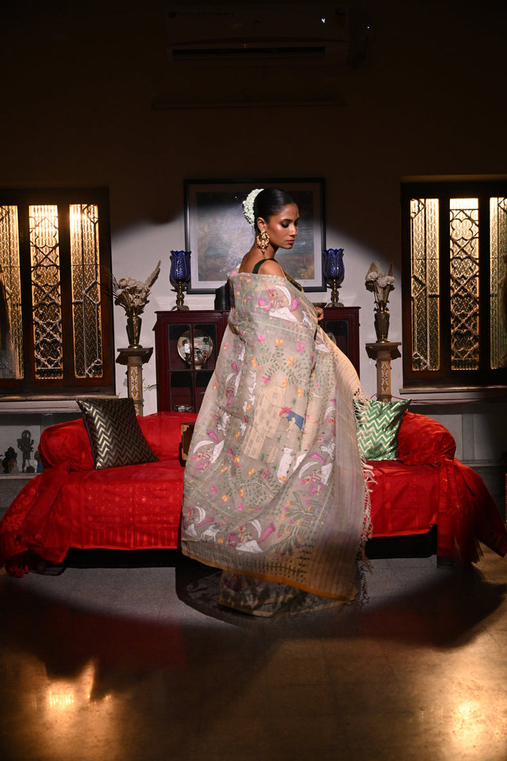 Off-White  Masterwoven Muslin Silk Saree with Bengal Village Storytelling Aanchal Balaram Saha