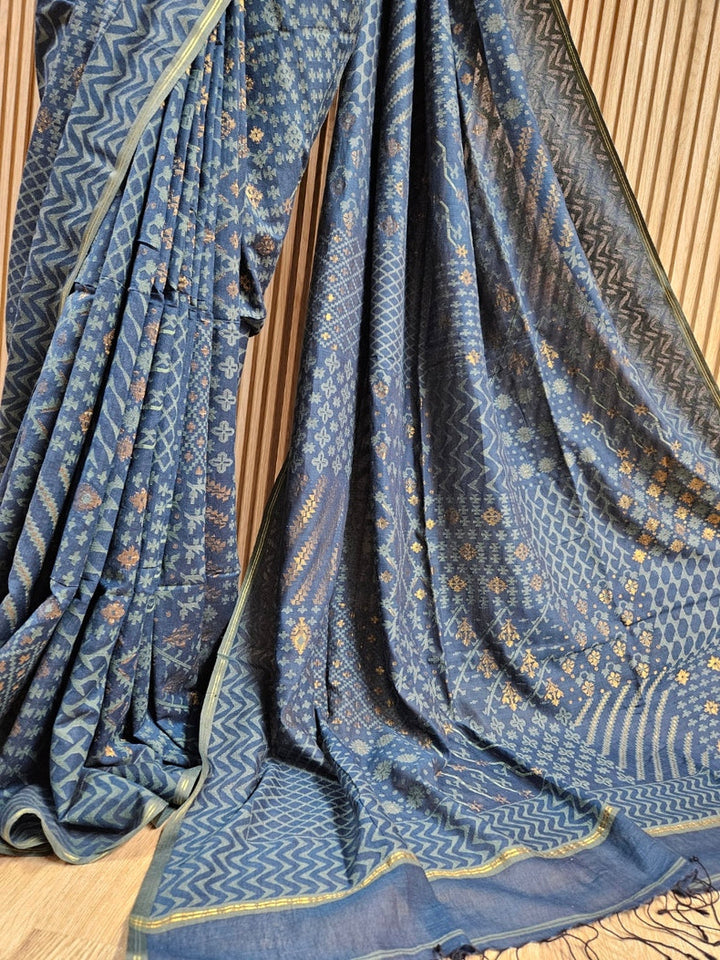 Indigo Blue Handwoven  Handspun Cotton Jamdani Saree  by Master Weaver Balaram Saha