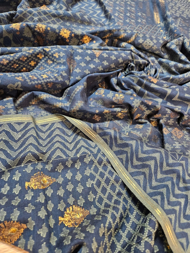 Indigo Blue Handwoven  Handspun Cotton Jamdani Saree  by Master Weaver Balaram Saha