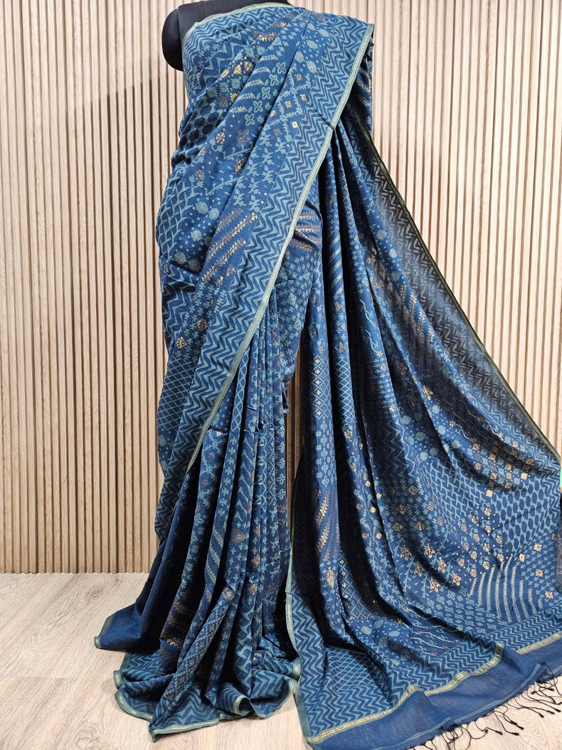 Indigo Blue Handwoven  Handspun Cotton Jamdani Saree  by Master Weaver Balaram Saha