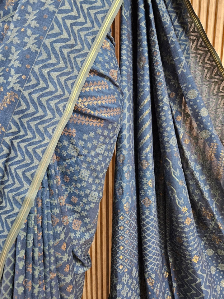 Indigo Blue Handwoven  Handspun Cotton Jamdani Saree  by Master Weaver Balaram Saha
