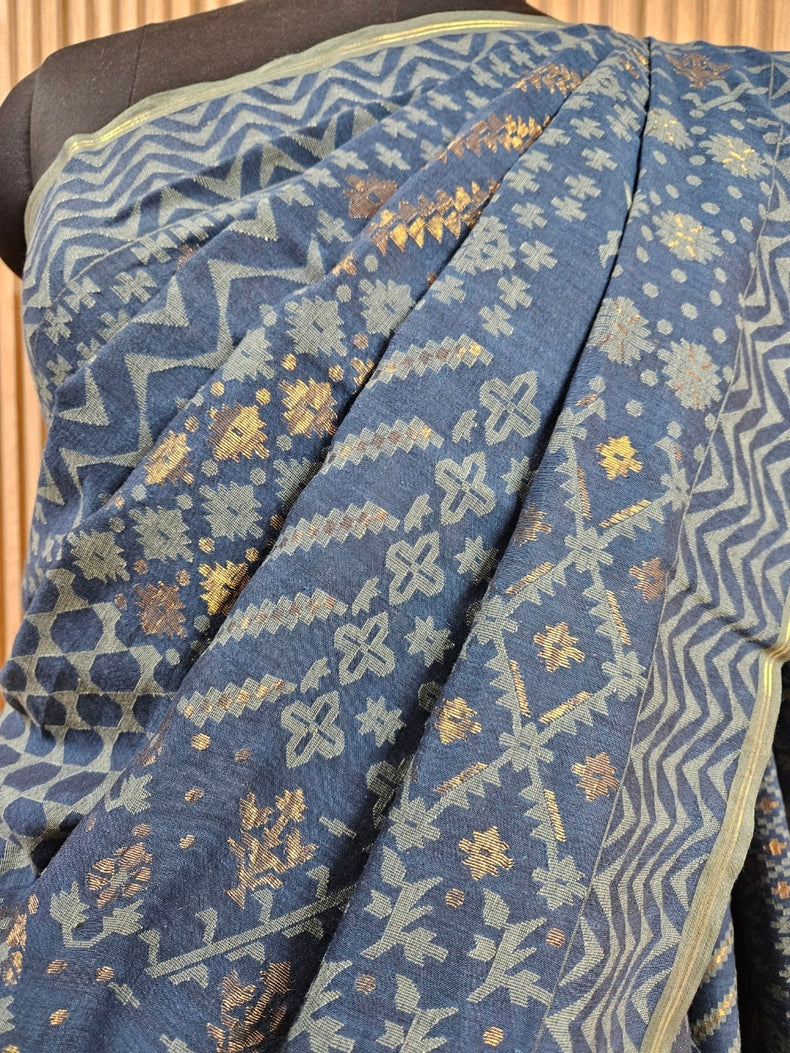 Indigo Blue Handwoven  Handspun Cotton Jamdani Saree  by Master Weaver Balaram Saha