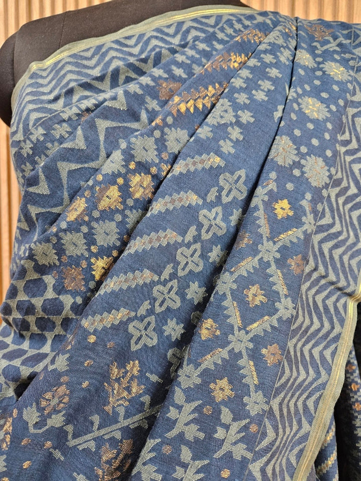 Indigo Blue Handwoven  Handspun Cotton Jamdani Saree  by Master Weaver Balaram Saha