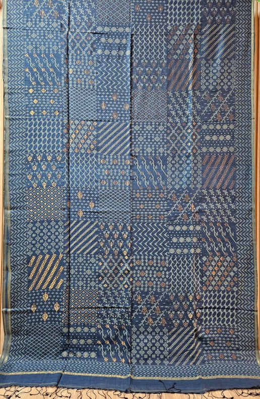 Indigo Blue Handwoven  Handspun Cotton Jamdani Saree  by Master Weaver Balaram Saha