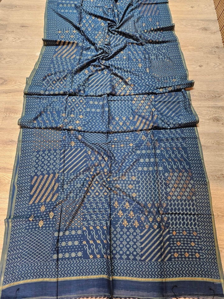 Indigo Blue Handwoven  Handspun Cotton Jamdani Saree  by Master Weaver Balaram Saha