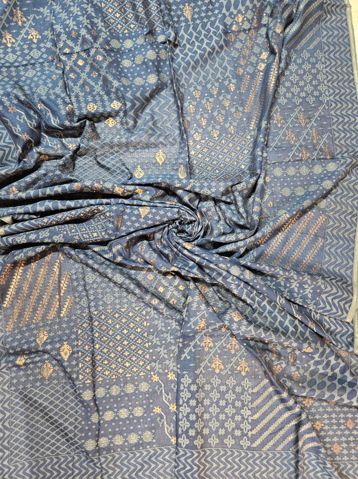 Indigo Blue Handwoven  Handspun Cotton Jamdani Saree  by Master Weaver Balaram Saha