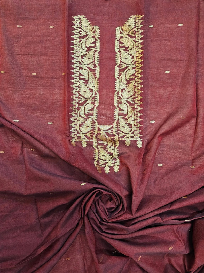 Maroon & Gold Zari Weave handwoven Cotton jamdani Unisex Kurta Unstitch Piece Balaram Saha