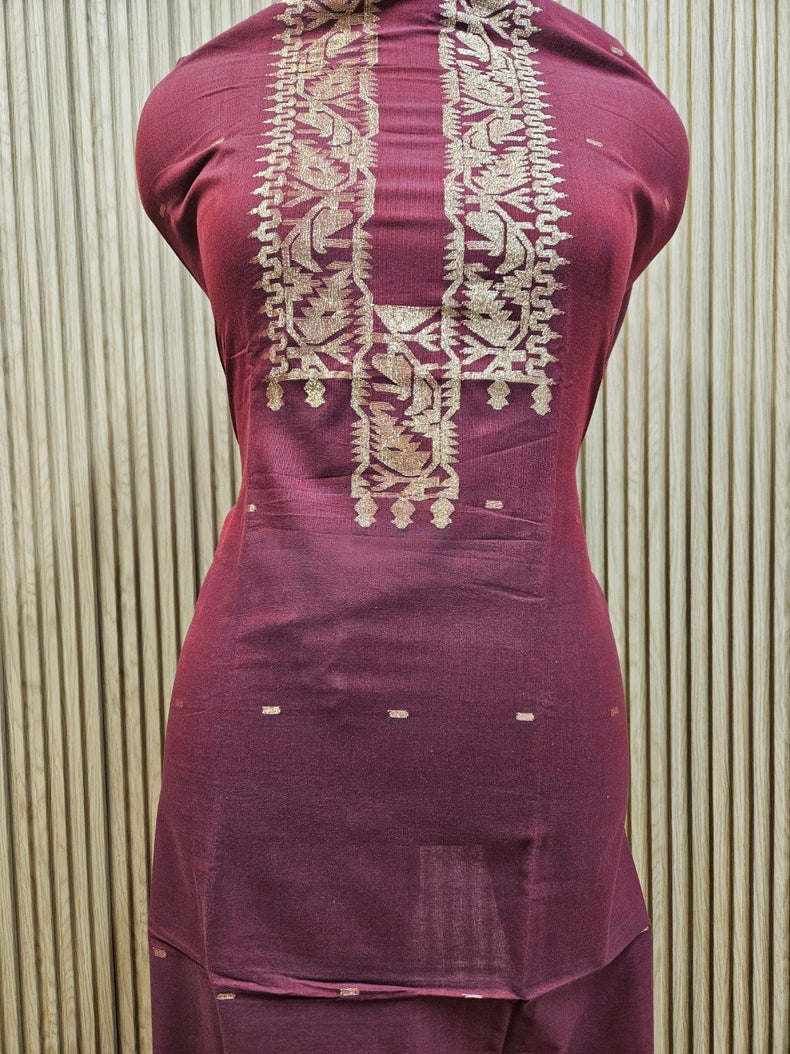Maroon & Gold Zari Weave handwoven Cotton jamdani Unisex Kurta Unstitch Piece Balaram Saha