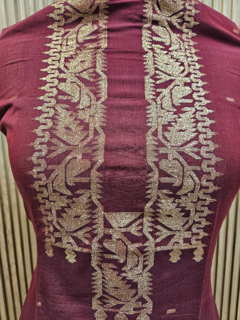 Maroon & Gold Zari Weave handwoven Cotton jamdani Unisex Kurta Unstitch Piece Balaram Saha