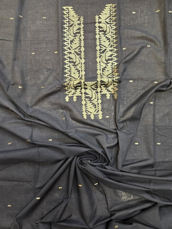 Black & Gold Zari Weave Handwoven Cotton Jamdani Unisex Kurta Unstitch Piece Balaram Saha