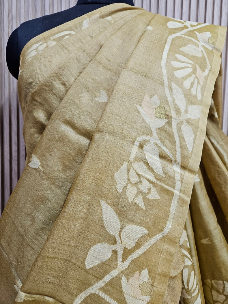 Balaram Saha: The Art of Handloom - Mustard & White Handloom Tussar Jamdani Saree Balaram Saha