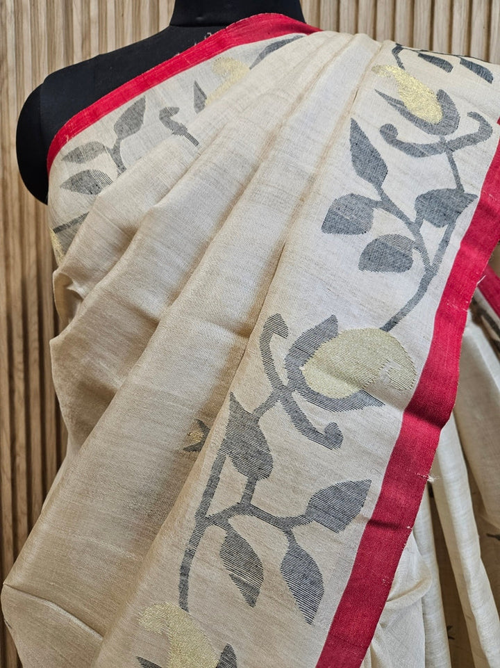 Cream &amp; Red Handloom Tussar Silk Saree with Red Contrast Border and Black Faloral Jamdani Balaram Saha