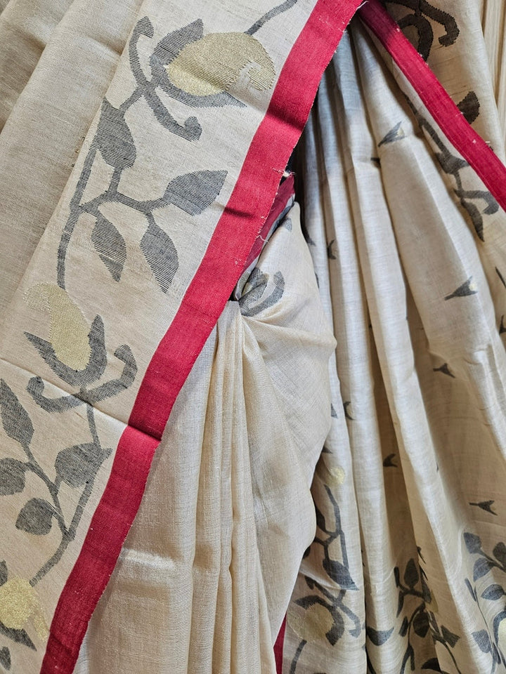 Cream &amp; Red Handloom Tussar Silk Saree with Red Contrast Border and Black Faloral Jamdani Balaram Saha
