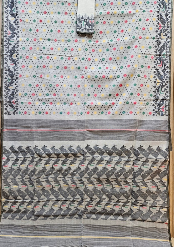 Off-White & Multi Handwoven Traditional Bangladeshi Cotton Jamdani Saree Balaram Saha