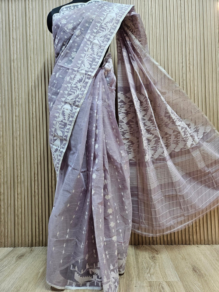 Lilac & White Pure Cotton Handwoven Traditional Bangladeshi Jamdani Saree Balaram Saha