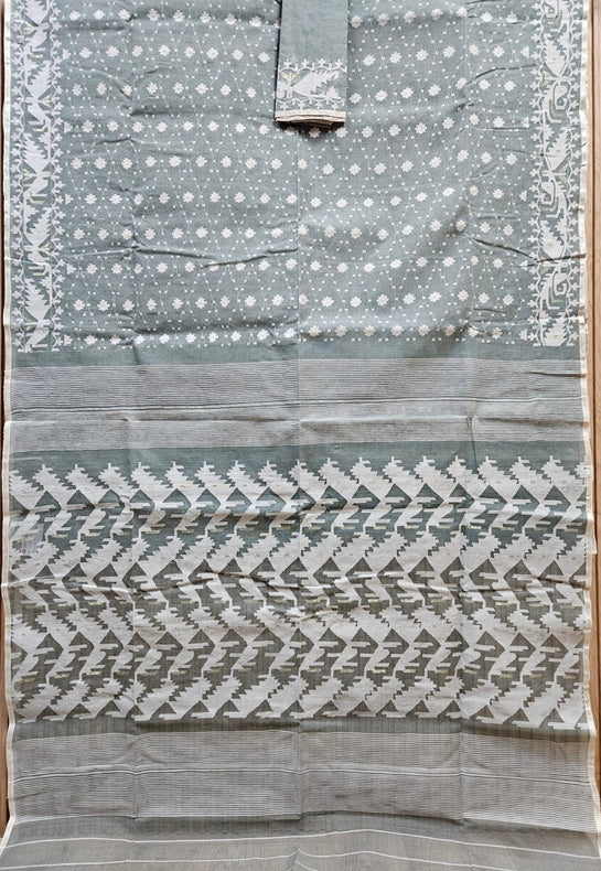 Light Green & White Handwoven Traditional Bangladeshi Cotton  Jamdani Saree Balaram Saha