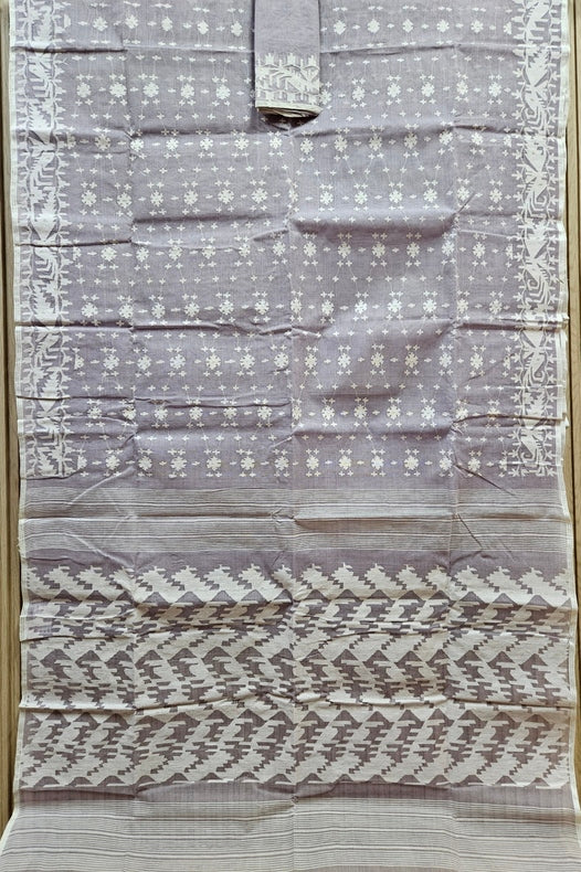 Lilac & White Pure Cotton Handwoven Traditional Bangladeshi Jamdani Saree Balaram Saha