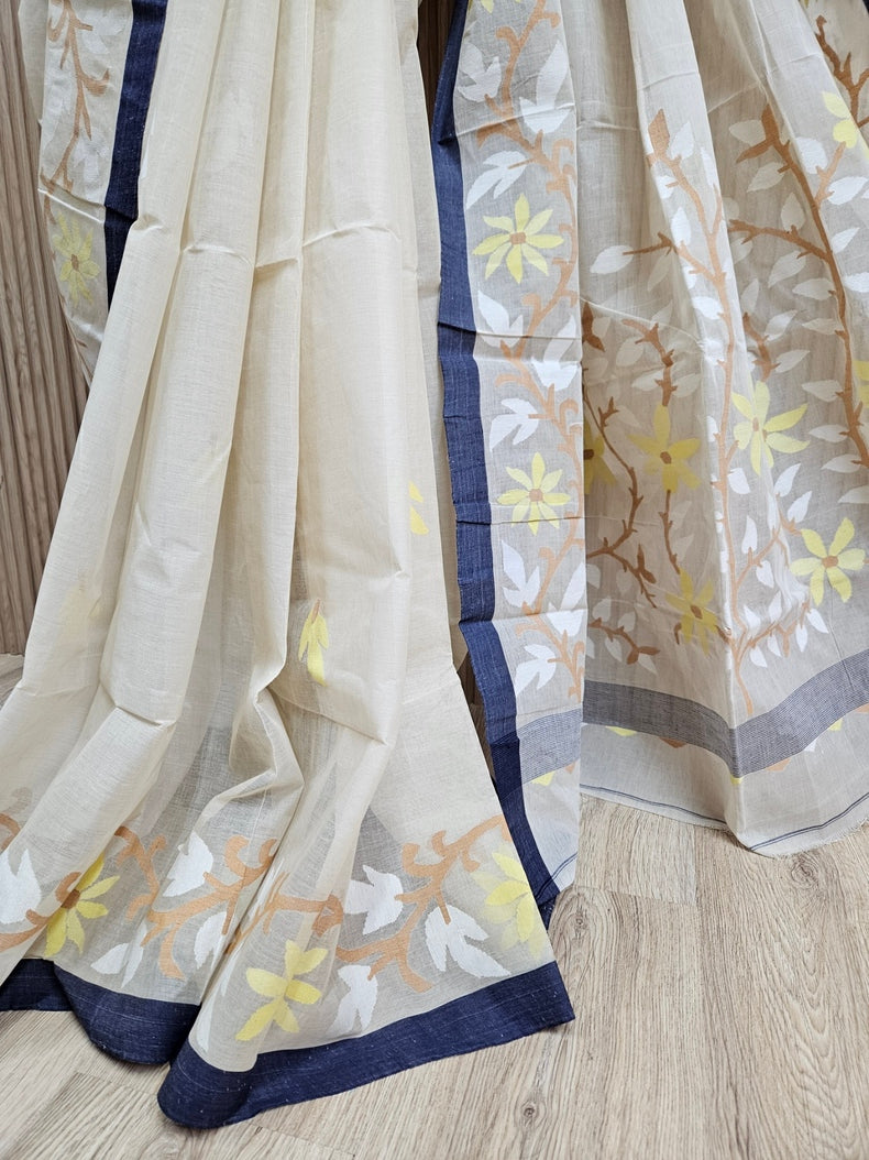 Crean & Blue Handwoven Tarditional Cotton Jamdani Saree Balaram Saha