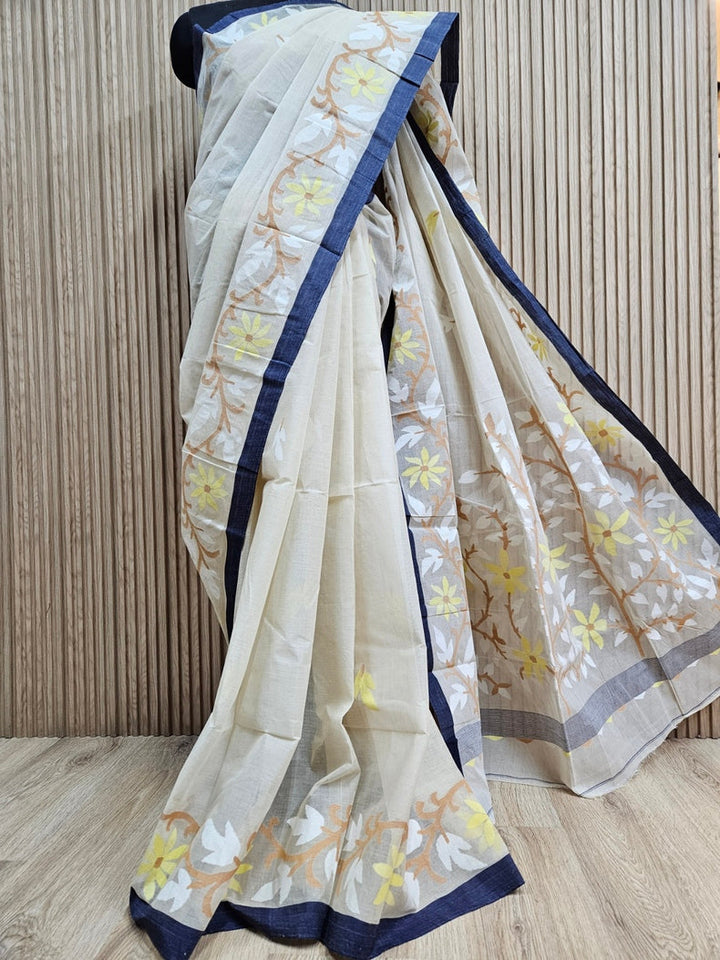 Crean & Blue Handwoven Tarditional Cotton Jamdani Saree Balaram Saha