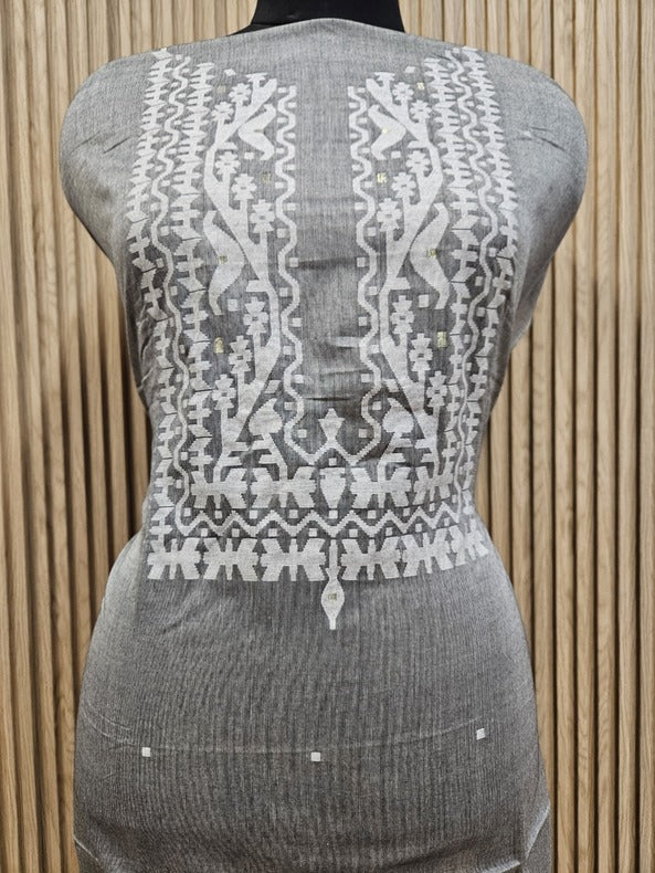 Grey & white Handwoven Cotton Jamdani Unisex Kurta Piece Balaram Saha
