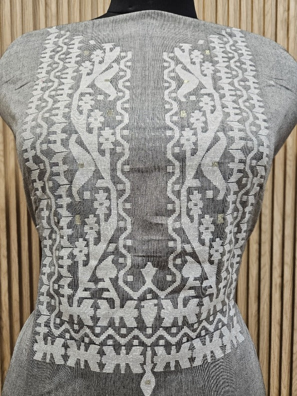 Grey & white Handwoven Cotton Jamdani Unisex Kurta Piece Balaram Saha