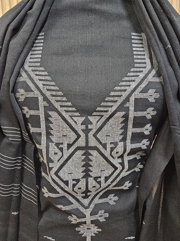 Black & White Handwoven Cotton Jamdani 3-piece Kurta Set Balaram Saha