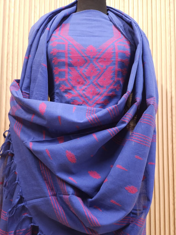 Blue & Red Handwoven Cotton Jamdani 3-piece Kurta Set Balaram Saha