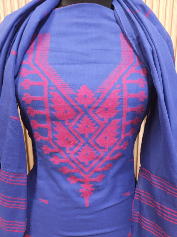 Blue & Red Handwoven Cotton Jamdani 3-piece Kurta Set Balaram Saha