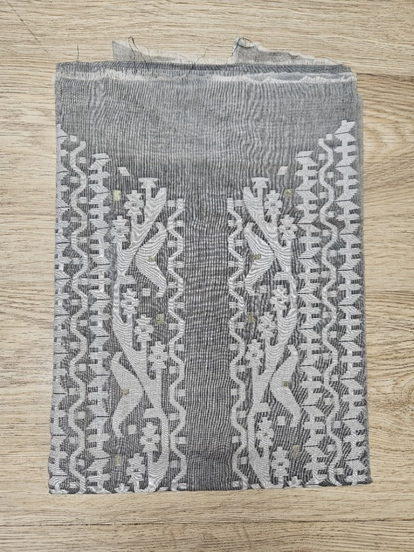 Grey & white Handwoven Cotton Jamdani Unisex Kurta Piece Balaram Saha