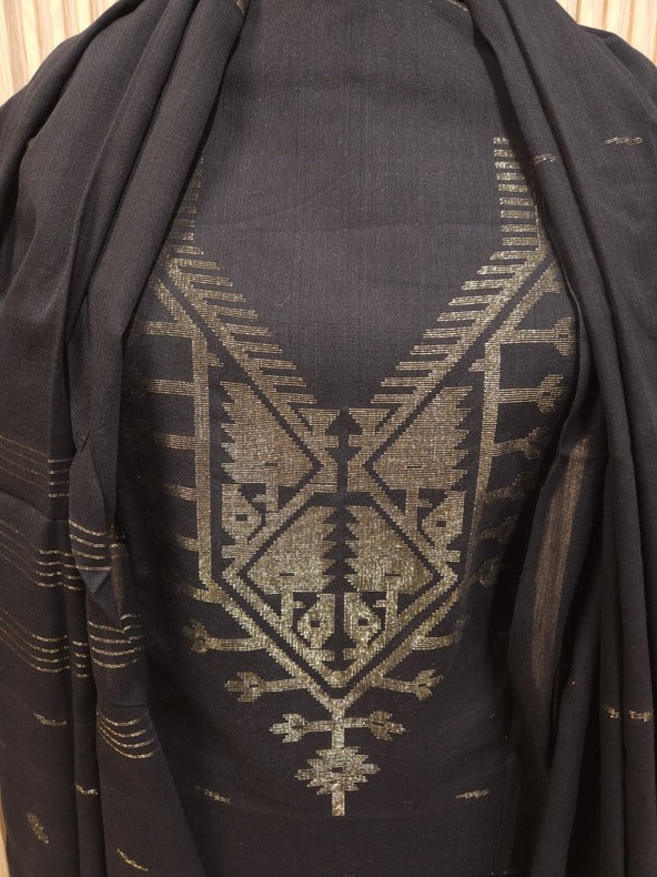 Black & Gold Handwoven Cotton Jamdani 3-piece Kurta Set Balaram Saha