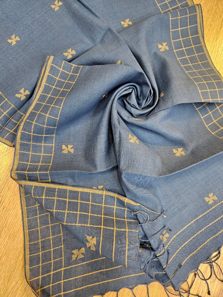 Blue & Beige Handloom Handwoven Cotton Jamdani Stole Balaram Saha