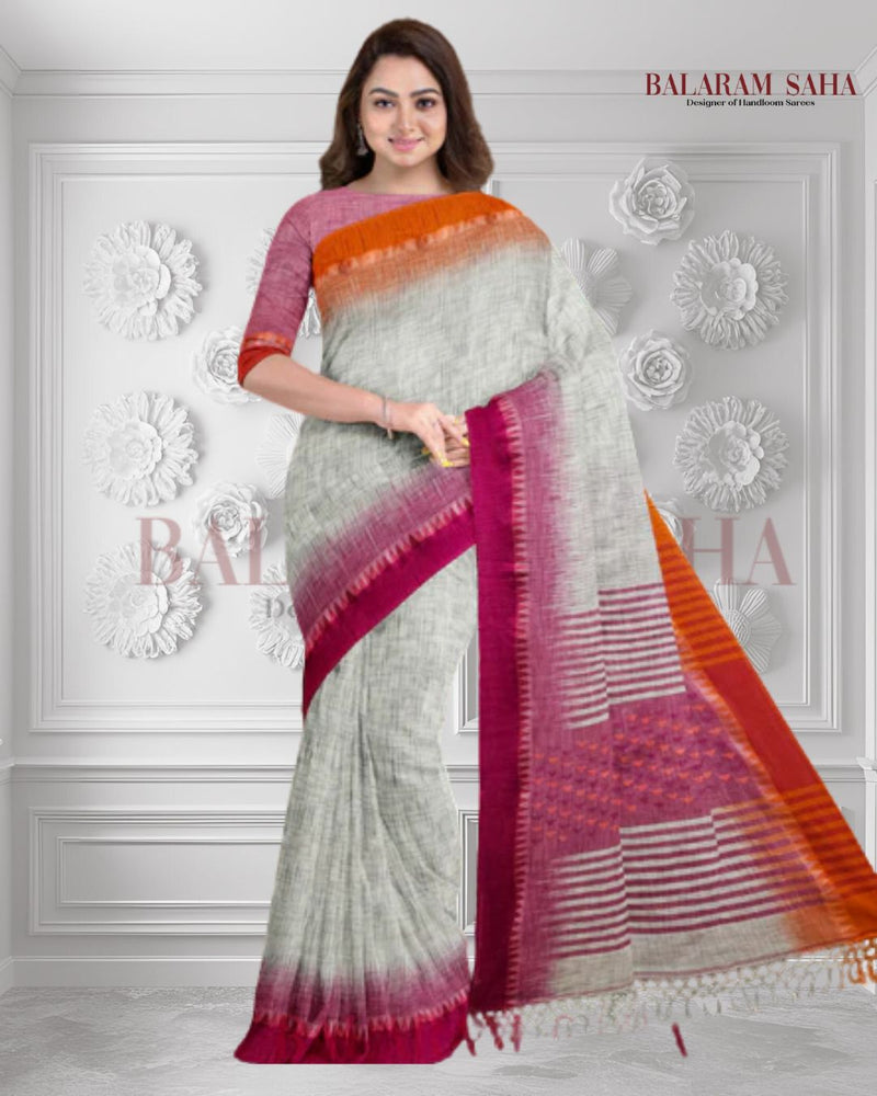 Off-White Premium Handloom Cotton Saree with Vibrant Ganga Jamun Border by Balaram Saha Balaram Saha