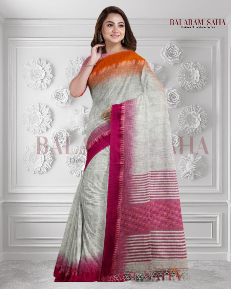 Handwoven Elegance: Balaram Saha's Off-White Cotton Saree with Ganga Jamun Border - (handloom saree, cotton saree, handloom cotton saree, balaram saha online, handloom sarees, cotton handloom saree, bengal handloom sarees)    https://www.nih.gov/