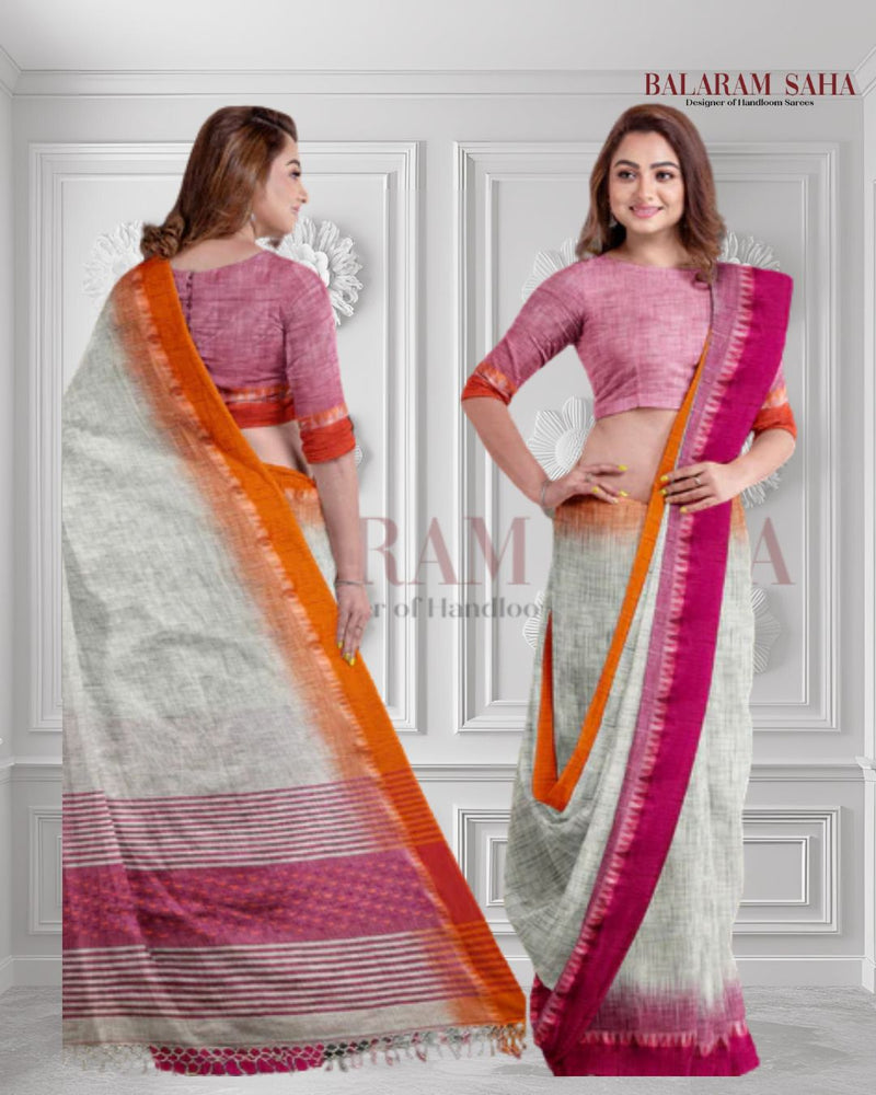 Off-White Premium Handloom Cotton Saree with Vibrant Ganga Jamun Border by Balaram Saha Balaram Saha