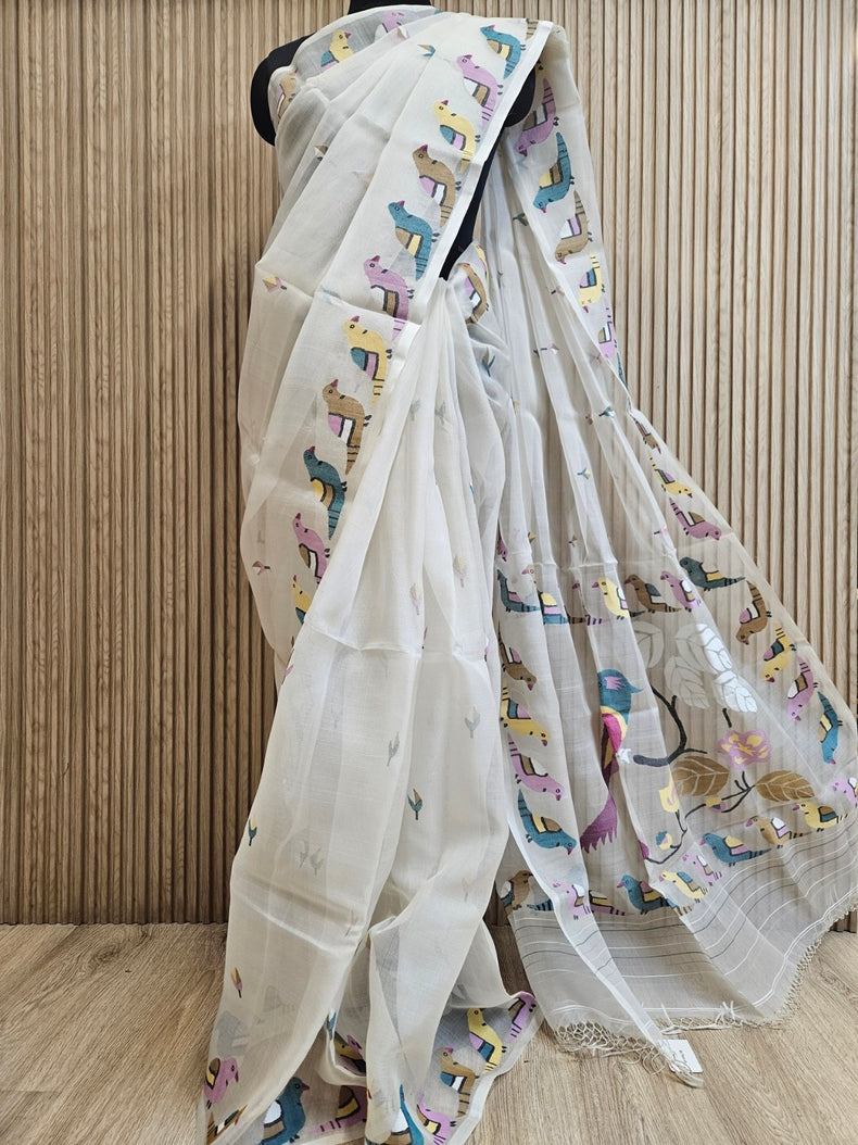 Off White Handwoven Muslin Silk Jamdani Saree with Colorful Bird Motifs Balaram Saha