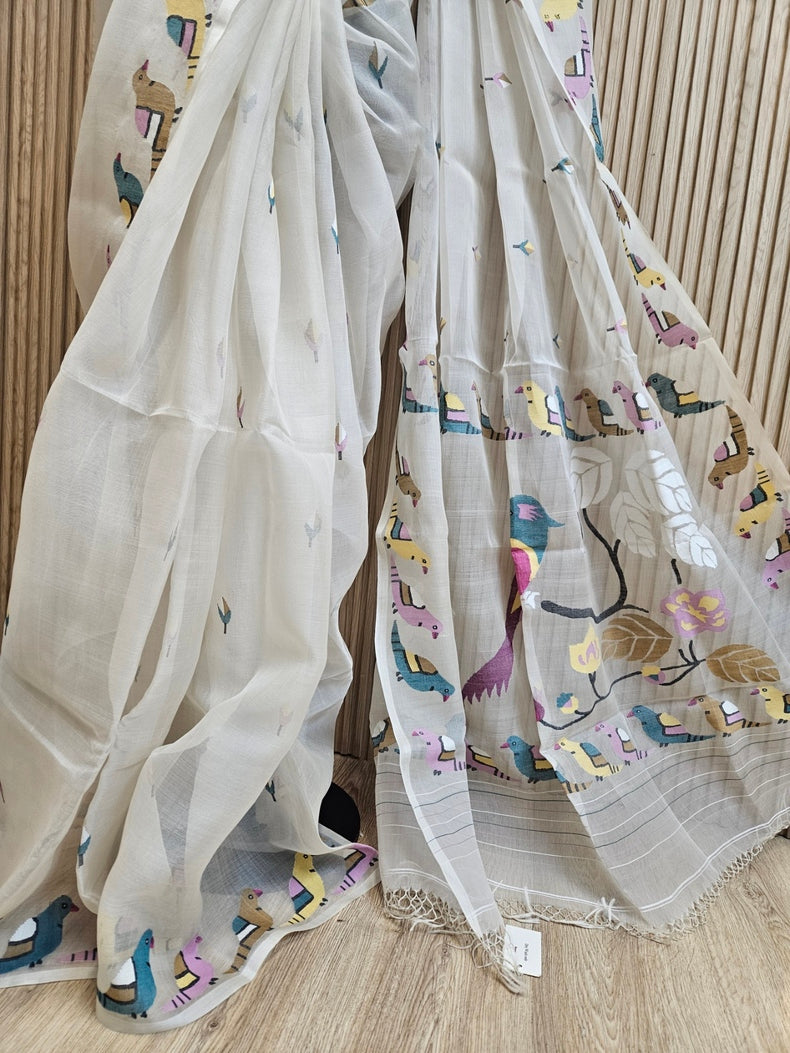 Off White Handwoven Muslin Silk Jamdani Saree with Colorful Bird Motifs Balaram Saha