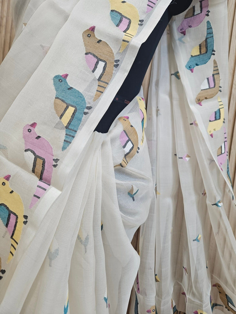 Off White Handwoven Muslin Silk Jamdani Saree with Colorful Bird Motifs Balaram Saha