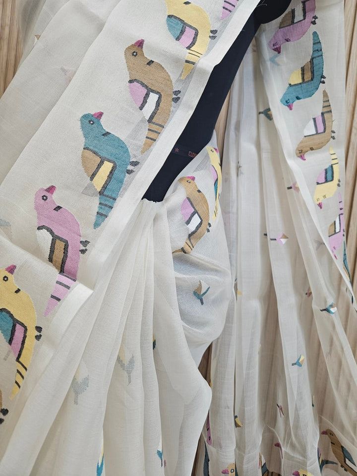 Off White Handwoven Muslin Silk Jamdani Saree with Colorful Bird Motifs Balaram Saha