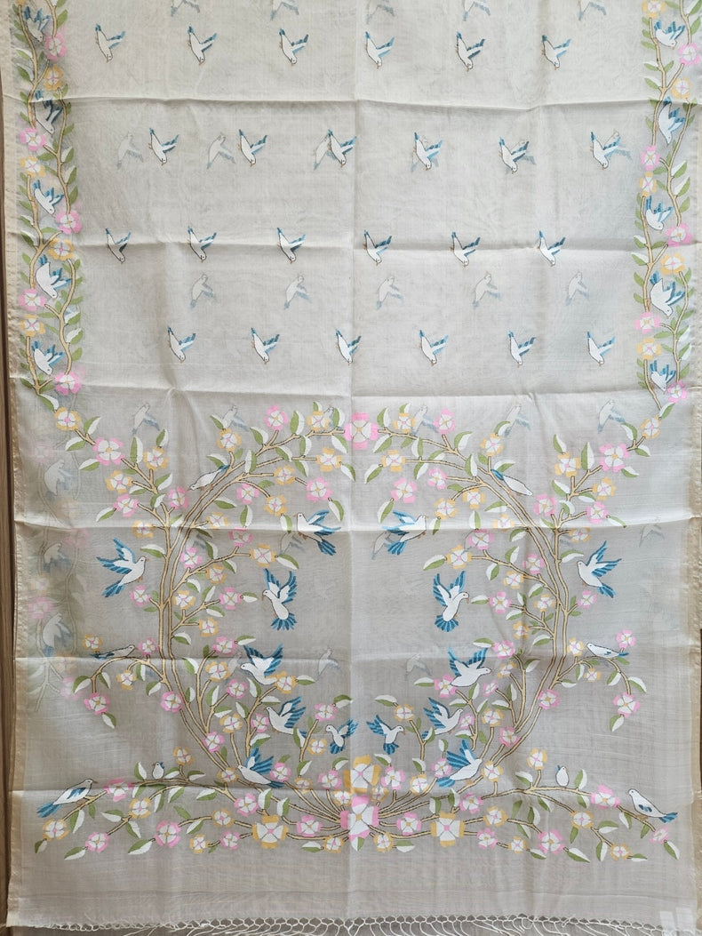 Off White Handwoven Muslin Silk Jamdani Saree with Floral & Bird Motifs Balaram Saha