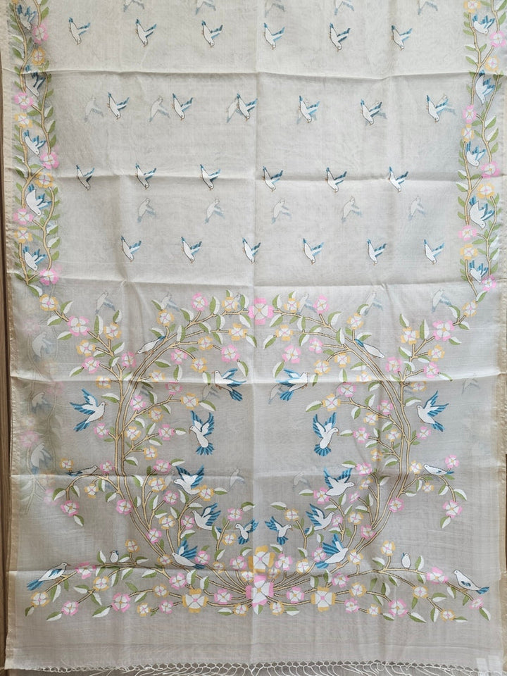 Off White Handwoven Muslin Silk Jamdani Saree with Floral & Bird Motifs Balaram Saha