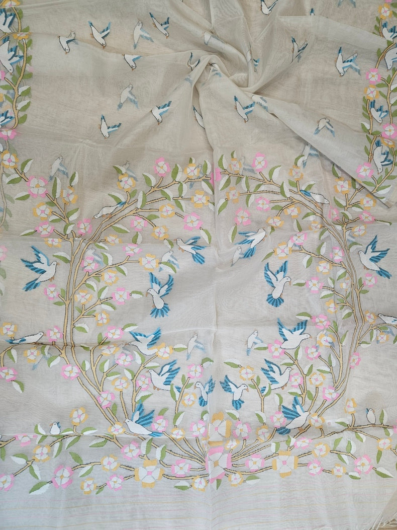 Off White Handwoven Muslin Silk Jamdani Saree with Floral & Bird Motifs Balaram Saha