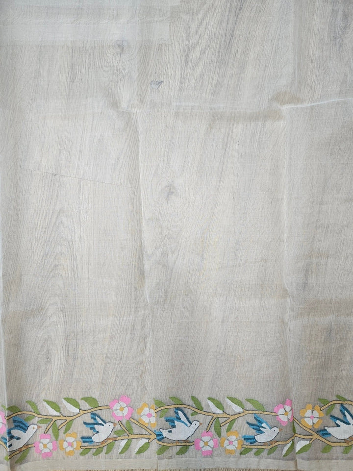 Off White Handwoven Muslin Silk Jamdani Saree with Floral & Bird Motifs Balaram Saha