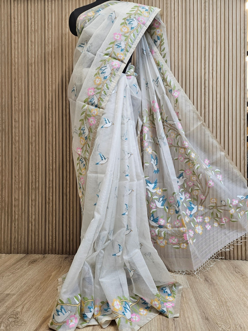 Off White Handwoven Muslin Silk Jamdani Saree with Floral & Bird Motifs Balaram Saha