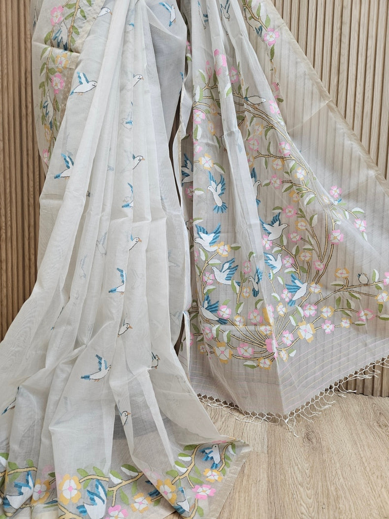 Off White Handwoven Muslin Silk Jamdani Saree with Floral & Bird Motifs Balaram Saha