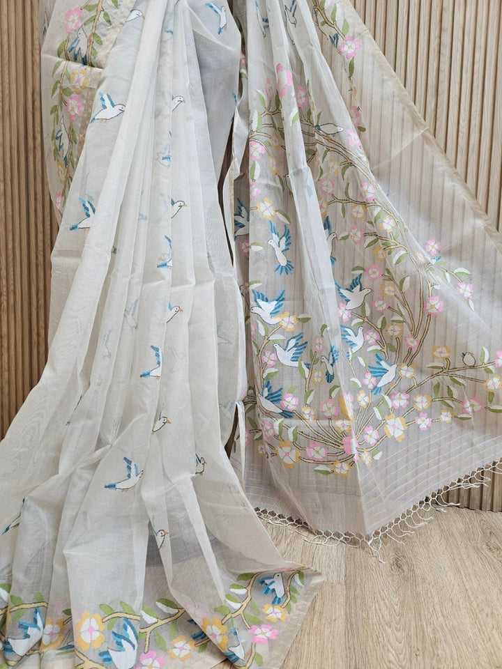 Off White Handwoven Muslin Silk Jamdani Saree with Floral & Bird Motifs Balaram Saha